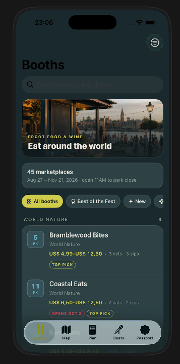 FW Passport booth browser showing festival marketplaces and menu prices
